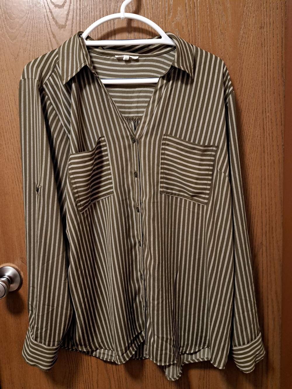 Maurices Olive Green and White Striped Button-Down Shirt